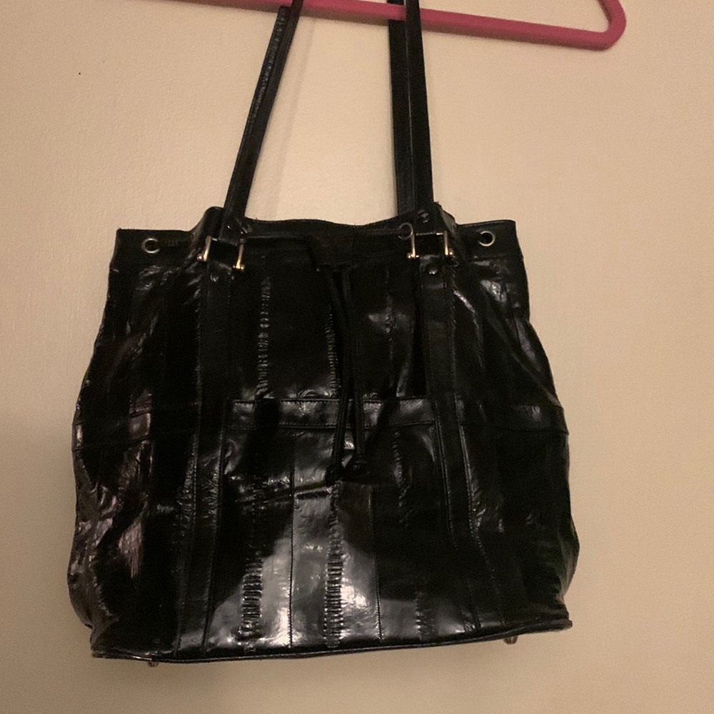 Black Eelskin Drawstring Handbag Double Stand - W… - image 2
